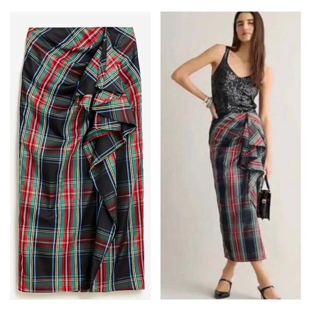 NWT - J. CREW COLLECTION Stewart Tartan Plaid Maxi Skirt, Ruffle Detail, Sz 12